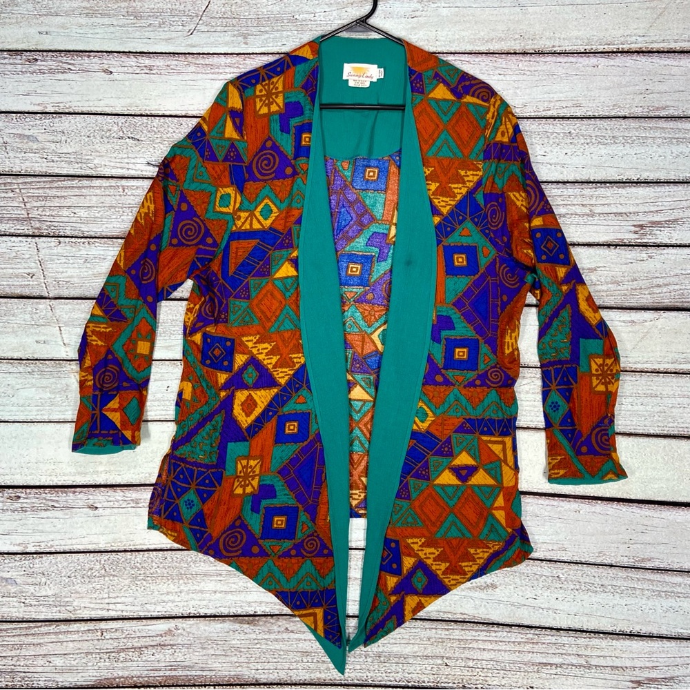Sunny Lady Light Weight Jacket Size 16W Vintage Colorful Geometric 90's Green